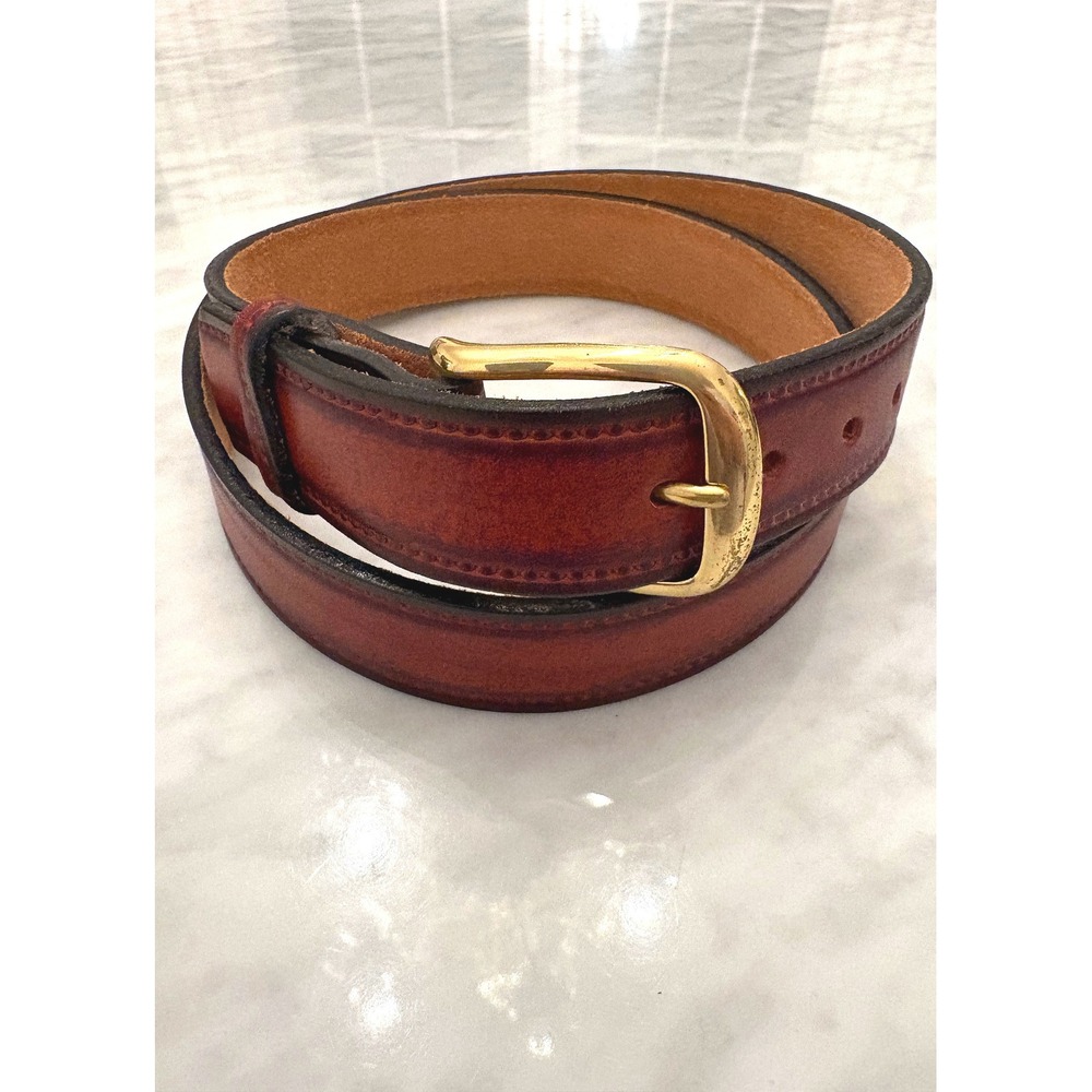 Vintage Brass Buckle Burnished Cognac Red Brown Leather Belt‎ Handmade USA 40